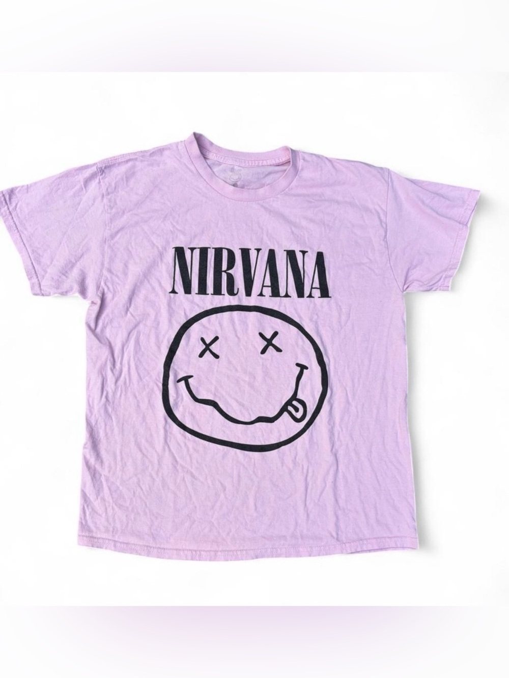Nirvana Unisex/Men’s Sz. L pink band tee with the iconic black smiley face graph